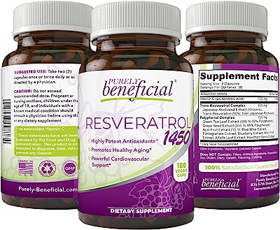 Book Cover PURELY beneficial RESVERATROL1450-90day Supply, 1450mg per Serving of Potent Antioxidants & Trans-Resveratrol, Promotes Anti-Aging, Cardiovascular Support, Maximum Benefits (1bottle)