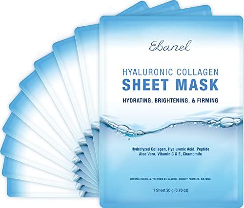 Book Cover Ebanel 10 Pack Collagen Peptide Hydrating Face Masks, Instant Brightening Firming Anti Aging Face Sheet Masks, Moisturizing Spa Face Masks Skincare with Hyaluronic Acid, Vitamin C, Chamomile, Aloe