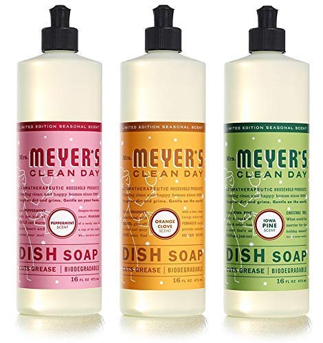 Book Cover Mrs. Meyer's Clean Day Holiday Collection Liquid Dish Soap bundle (Iowa Pine, Orange Clove, and Peppermint scent 16oz, 3pk