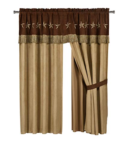 Book Cover Chezmoi Collection 4 Pieces Western Star Embroidery Design Microsuede Window Curtain/Drape Set Sheer Backing,Tassels, Valance (Curtain Set, Brown/Coffee)
