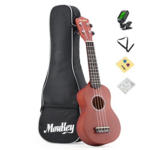 Book Cover Moukey 4 21'' Basswood Soprano Ukulele Pack with Gig Bag, Tuner, Picks, Strap, Extra Strings and Cleaning Cloths, Glossy Brown (21 B-BR)