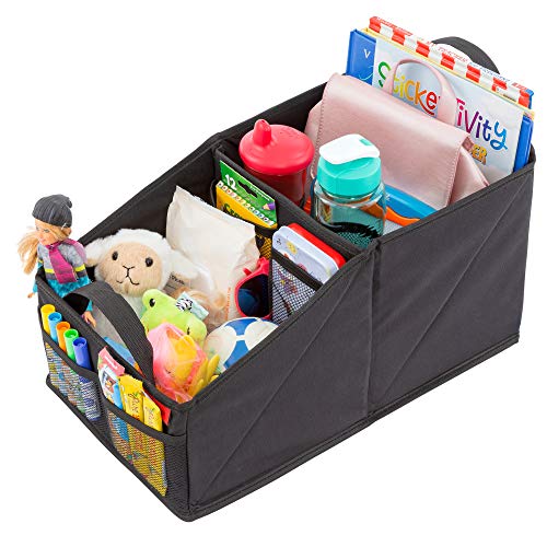Lusso Gear Car Seat Organizer - Built-In Car Cup Holders & Mesh Pockets - Foldable Back Seat Organizer with Handles - Kids Road Trip Essentials - 9 Compartments, Black Oxford