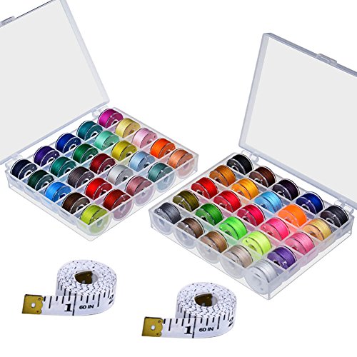 Paxcoo 50 Pcs Bobbins and Sewing Thread with Case and 2 Pcs Soft Measuring Tapes for Brother Singer Babylock Janome Kenmore (Assorted Colors)
