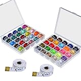 Paxcoo 50 Pcs Bobbins and Sewing Thread with Case and 2 Pcs Soft Measuring Tapes for Brother Singer Babylock Janome (Assorted Colors)