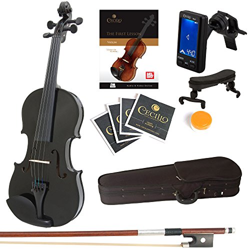 Book Cover Mendini 4/4 MV-Black Solid Wood Violin with Tuner, Lesson Book, Shoulder Rest, Extra Strings, Bow and Case, Metallic Black Full Size
