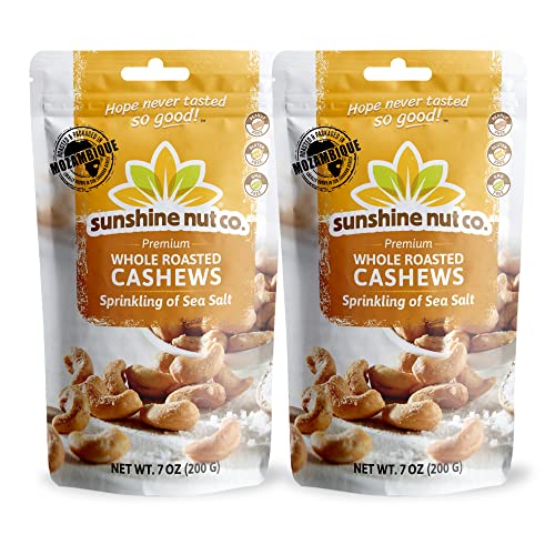 Book Cover Whole Roasted Lightly Salted Cashews by Sunshine Nuts Co., Gluten Free, Peanut Free and Vegan Individual Snack Packs for Kids and Adults, GMO Free, Sprinkling of Salt Flavor, 2 Pack, 7 oz. Each