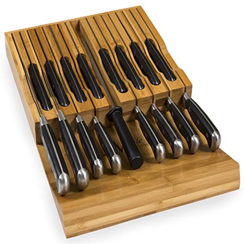 Book Cover In-Drawer Bamboo Knife Block Holds 16 Knives (Not Included) Without Pointing Up PLUS a Slot for your Knife Sharpener! Noble Home & Chef Knife Organizer Made from Quality Moso Bamboo