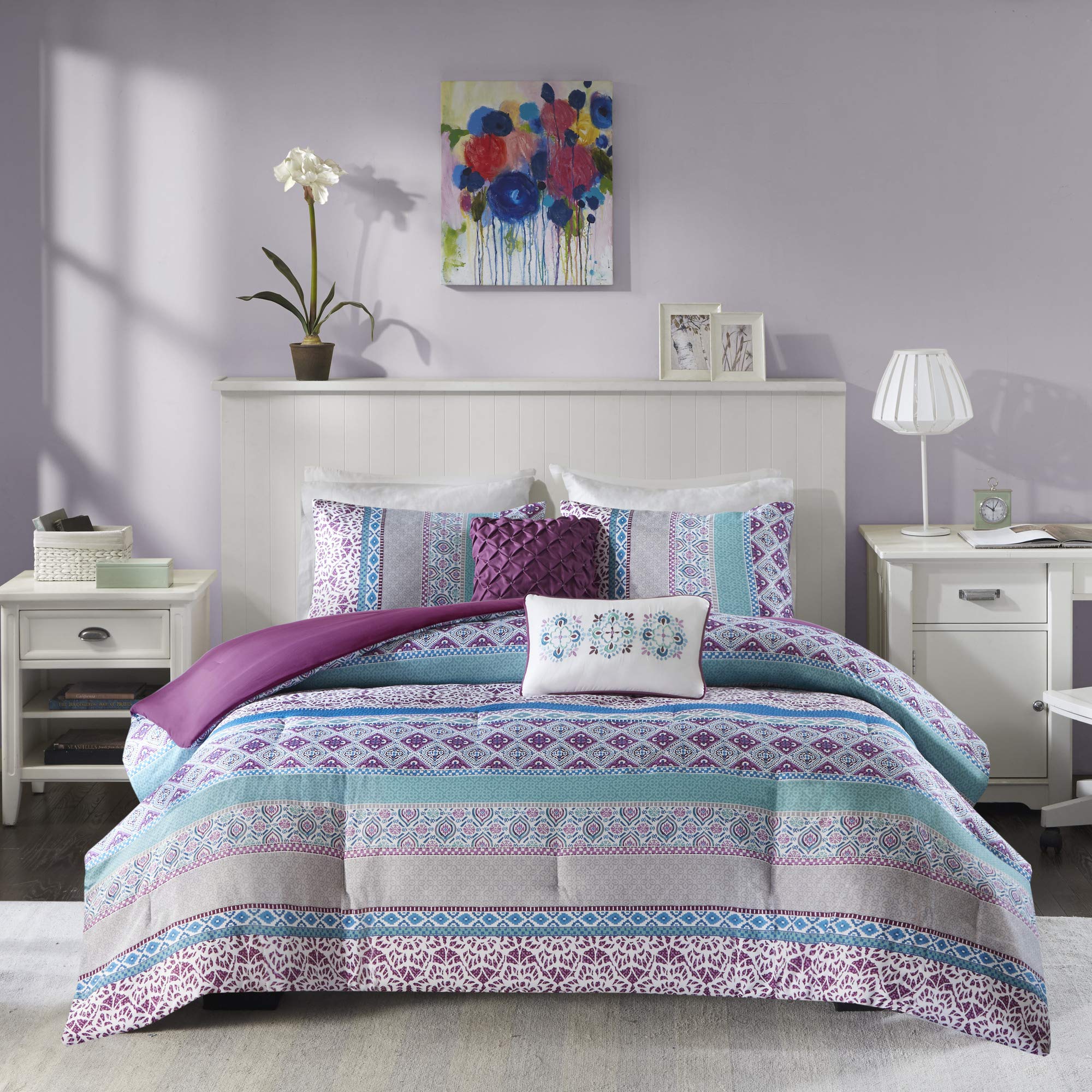 Book Cover Intelligent Design Cozy Comforter Set Casual Boho Pieced Design, Modern All Season Bedding Set with Matching Sham, Decorative Pillow, Twin/Twin XL, Joni Purple 4 Piece (ID10-1098) Purple Twin/Twin XL