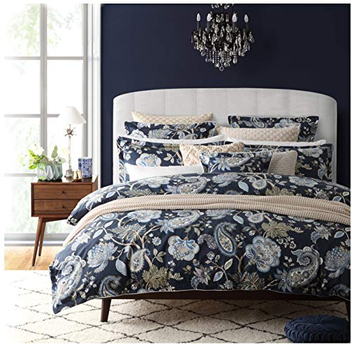 Book Cover Nicole Miller Bedding 3 Piece Cotton Full / Queen Duvet Cover Set Jacobean Floral Paisley Vines Pattern in Shades of Blue, Brown and Beige on a Midnight Blue Background
