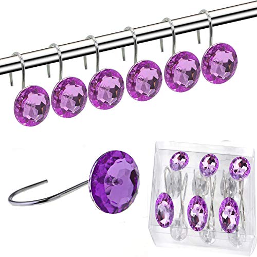 YUYIKES Shower Curtain Hooks Diamond Shape Shower Rings/Round Acrylic Decorative Rhinestones Bling Rolling Bathroom Bath Set of 12 Rings