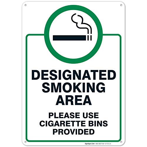 Designated Smoking Area Sign, Please Use Cigarette Bins Sign, 10x14 Inches, Rust Free .040 Aluminum, Fade Resistant, Made in USA