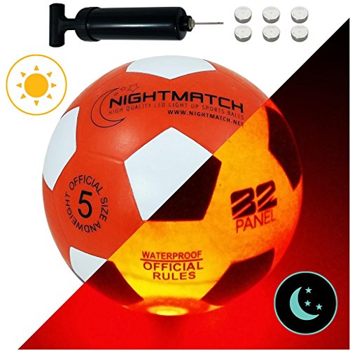 NIGHTMATCH Light Up Football - Flaming Red Edition - INCL BALL PUMP and SPARE BATTERIES - Inside LED lights up when kicked - Glow in the Dark Soccer Ball - Size 5 - Official Size & Weight