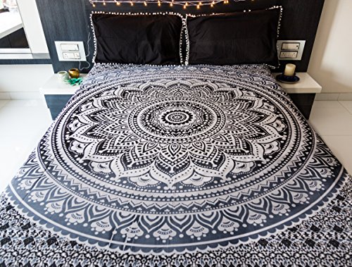 Book Cover Folkulture Indie Pop Mandala Tapestry Bedding with Pillow Covers, Indian Bohemian Hippie Tapestry Wall Hanging, Hippy Blanket or Beach Throw, Mandala Ombre Bedspread for Bedroom, Black Gray Queen Size Boho Decor