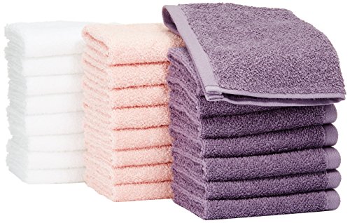 Book Cover AmazonBasics Washcloth Face Towels, Pack of 24, Multi-Color: Petal Pink, Lavender, White