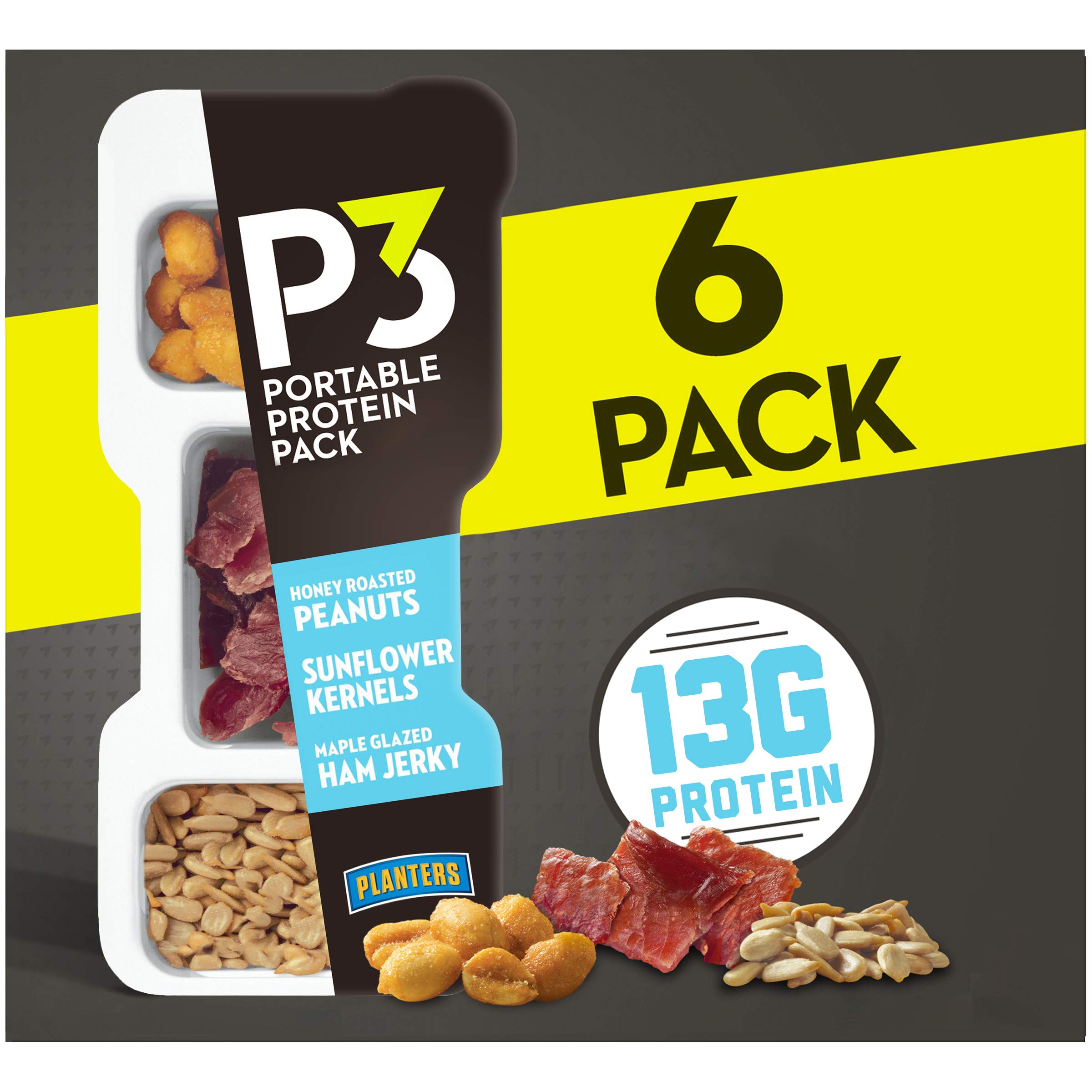 P3 With Honey Roasted Peanuts, Maple Glazed Ham Jerky & Sunflower Kernels Portable Protein Pack (1.8 oz Trays, Pack of 6) - Satisfying Snack, Work Snack, Active Lifestyle Snack and On-the-Go Snack Honey Roasted Peanuts, Maple Glazed Ham Jerky &