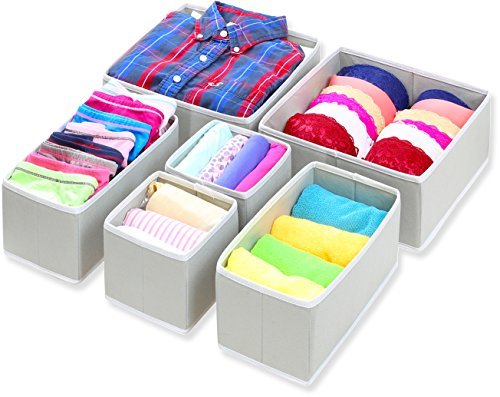 Book Cover Simple Houseware Foldable Cloth Storage Box Closet Dresser Drawer Divider Organizer Basket Bins for Underwear Bras, Gray (Set of 6) Grey 2L / 2M / 2S