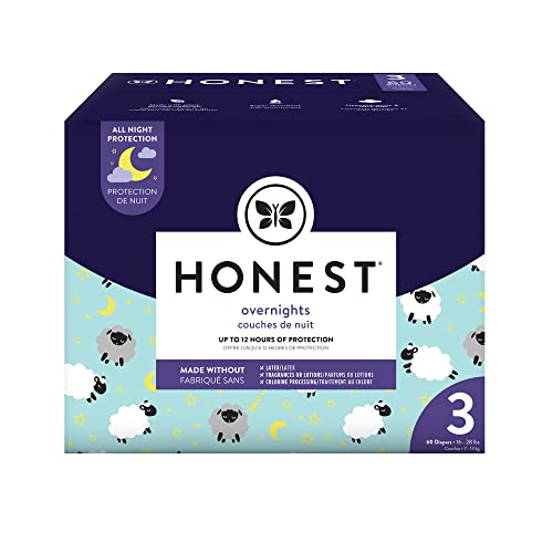 Book Cover The Honest Company Club Box Overnight Baby Diapers, Sleepy Sheep, Size 3 (60 Count)