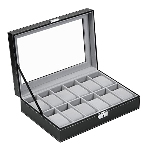 Watch Box 12 Slot Watch Display Case Organizer with Glass Top, Black Watch Storage Box for Men and Women with PU Leather, Grey Linging