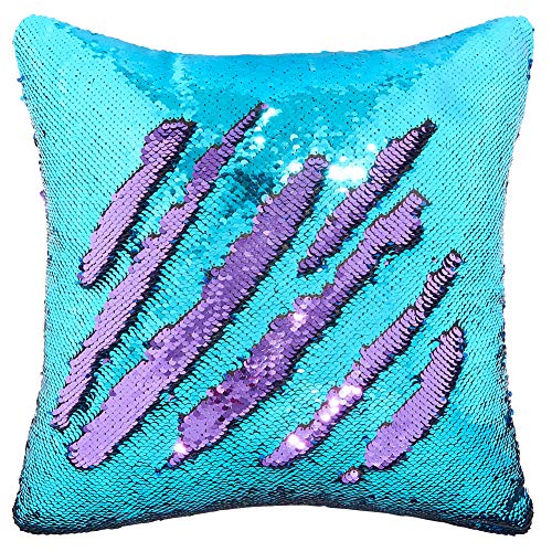 Book Cover Play Tailor Sequin Pillow Cover Cushion Covers 16x16in Flip Sequins Decorative Throw Pillow Case, Teal Blue and Light Purple