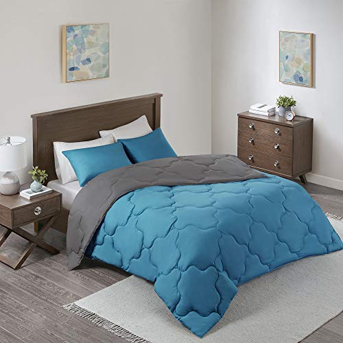 Book Cover Comfort Spaces Vixie Reversible Comforter Set - Modern Geometric Quaterfoil Cloud Quilted Design, All Season Down Alternative Bedding, Matching Shams, Teal/Dark Gray Full/Queen(90
