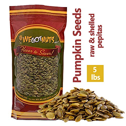 Book Cover We Got Nuts Pumpkin Seeds Healthy Snacks 5Lbs Bag | Raw Pepitas No Preservatives Added, Non-GMO, NO PPO, 100% Natural With No Shell | For Baking, Salad Toppings, Cereal, Roasting | Low Calorie Nuts,