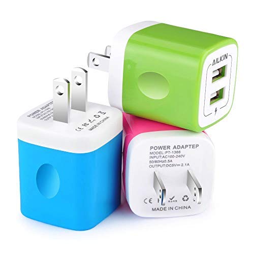 Wall Charger, [3-Pack] 5V/2.1AMP Ailkin Colorful 2-Port USB Wall Charger Home Travel Plug Power Adapter Charging Block for iPhone 14 13 12 Pro Max 11 SE X XR XS 8 Plus, Samsung Galaxy, Kindle Fire Box Multicolored1