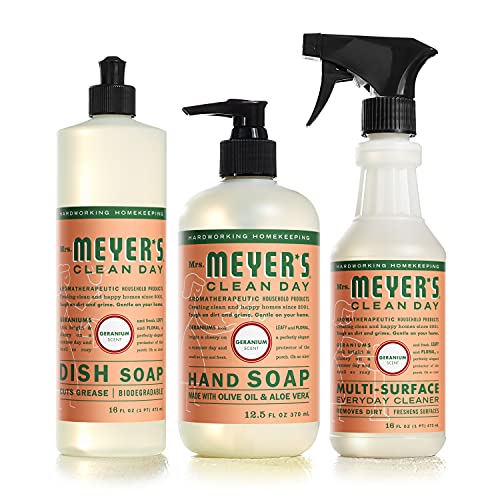 Book Cover Mrs. Meyer's Clean Day Kitchen Essentials Set, Includes: Hand Soap, Dish Soap, and Multi-Surface Cleaner, Geranium Scent, 3 Count Pack