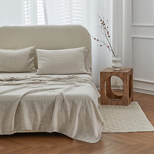 Book Cover Simple&Opulence 100% Linen Hollow Hemstitch Sheet Set -4 Pieces European Flax Pure Washed Bed Sheets (1 Flat Sheet, 1 Fitted Sheet,2 Pillowcases) -Breathable and Soft (Hemstitch Linen,Queen)