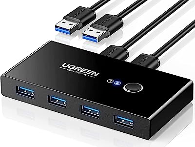 UGREEN USB 3.0 Sharing Switch Selector 4 Port 2 Computers Peripheral Switcher Adapter Hub for PC, Printer, Scanner, Mouse, Keyboard with One Button Swapping and 2 Pack USB Male Cable