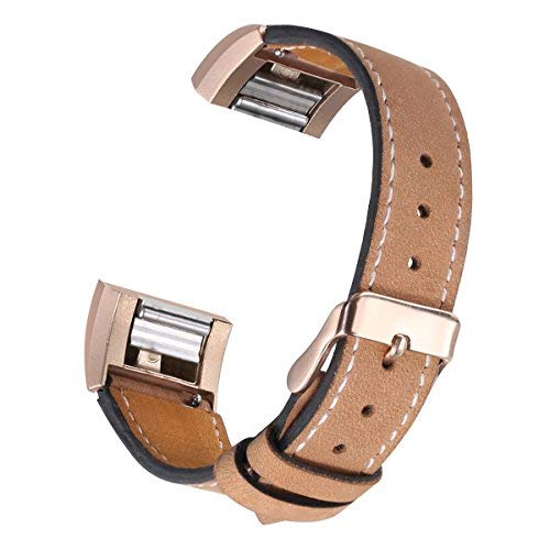 bayite Leather Band for Fitbit Charge 2, Light Brown with line, 5.5" - 7.1"