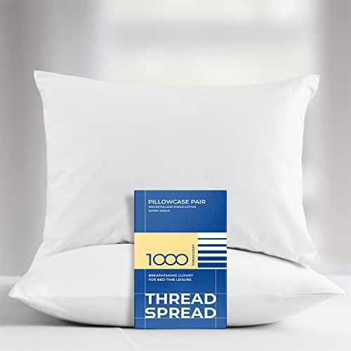 Book Cover Thread Spread 100% Egyptian Cotton 1000 Thread Count Ultra Soft Pillow Case Set - Durable and Silky Soft (Queen Size Pillowcase) (White)