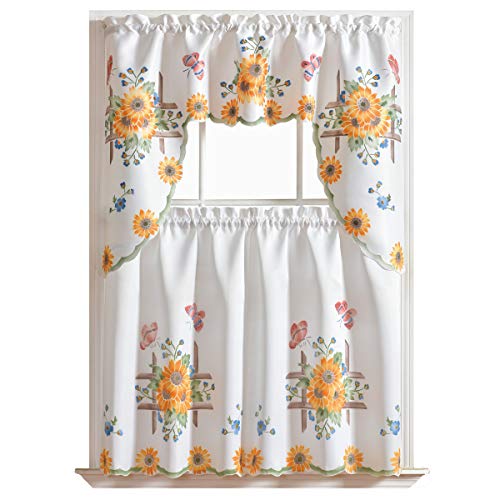 Book Cover GOHD 3pcs Kitchen Cafe Curtain Set Air Brushed by Hand of Sunflower and Butterfly Design on Thick Satin Fabric (Swag and 36 inches Tiers Set)