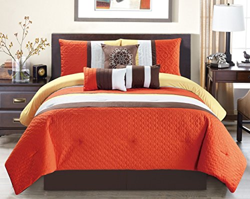 Book Cover Modern 7 Piece Oversize Orange/Brown/White Embroidered Pin Tuck Comforter Set King Size Bedding with Accent Pillows 104