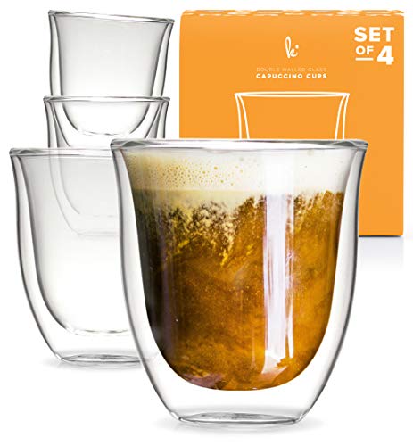 Glass Cappuccino Cups Double Walled Coffee Glasses Set of 4 - Clear Thermo Insulated Stackable Mugs, 6 oz