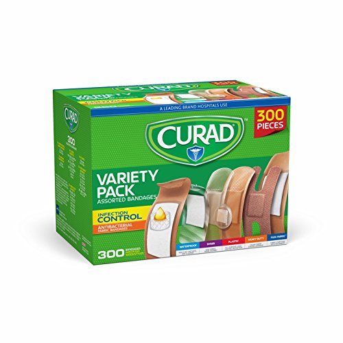Book Cover Curad Assorted Bandages Variety Pack 300 Pieces, Including Antibacterial, Heavy Duty, Fabric, and Waterproof Bandages