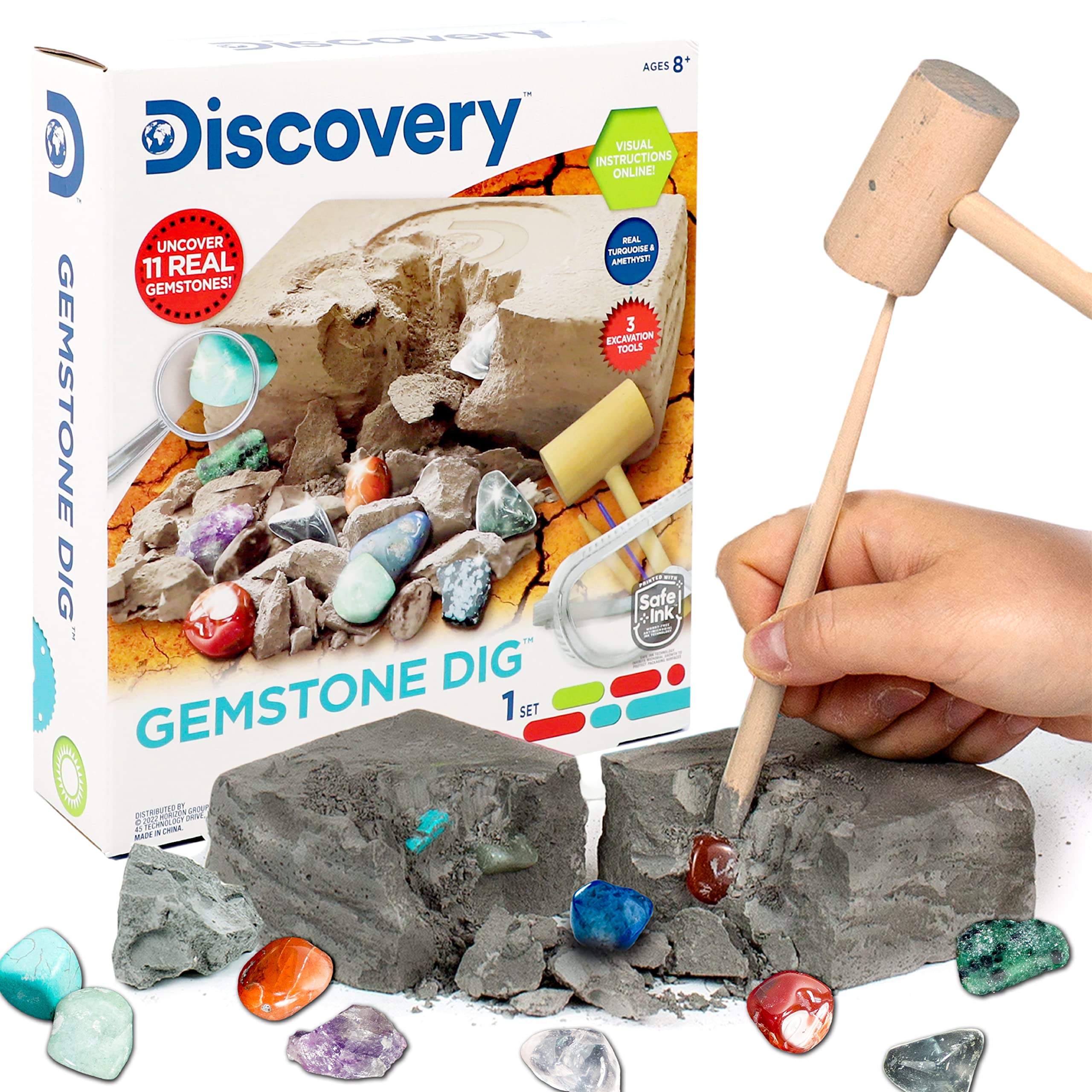 Book Cover Discovery Kids Gemstone Dig Stem Science Kit by Horizon Group Usa, Excavate, Dig & Reveal 11 Real Gemstones, Includes Goggles, Excavation Tools, Streak Plate, Magnifying Glass & More