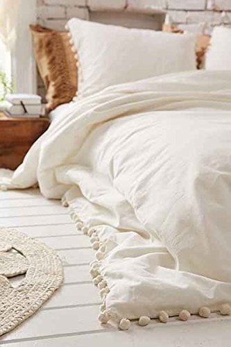 Book Cover Flber White Pom-Fringe Duvet Cover King Queen Queen Size 86in x 90in