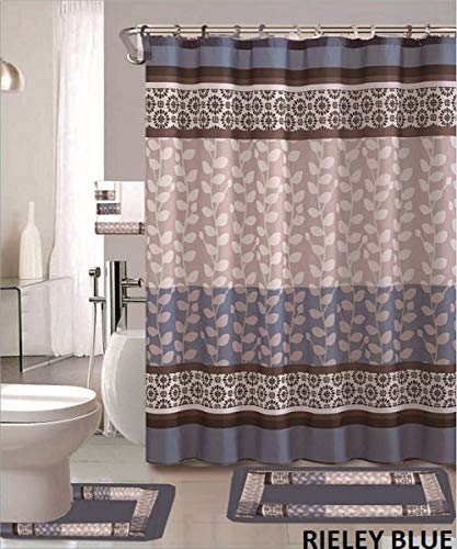 Book Cover WPM WORLD PRODUCTS MART Riely 18-Piece Bathroom Set: 2-Rugs/mats, 1-Fabric Shower Curtain, 12-Fabric Covered Rings, 3-pc. Decorative Towel Set (Blue)