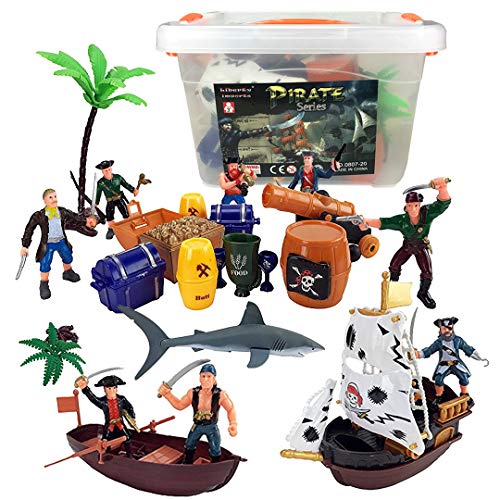Book Cover Liberty Imports Bucket of Pirate Action Figures Playset with Boat, Treasure Chest, Cannons, Shark, Pirate Ship, and More!