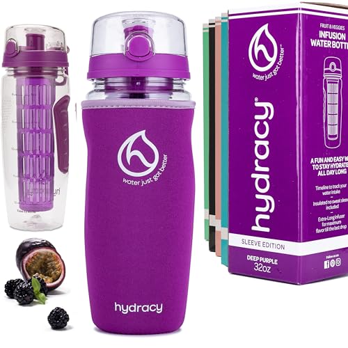 Hydracy Fruit Infuser Water Bottle - 32 oz Sports Bottle - Insulating Sleeve, Time Marker & Full Length Infusion Rod + 27 Fruit Infused Water Recipes eBook Gift - Deep Purple