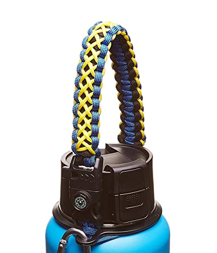 WaterFit Paracord Carrier Strap Cord with Safety Ring and Carabiner for 12-Ounce to 64-Ounce Wide Mouth Water Bottles, Yellow/Compass