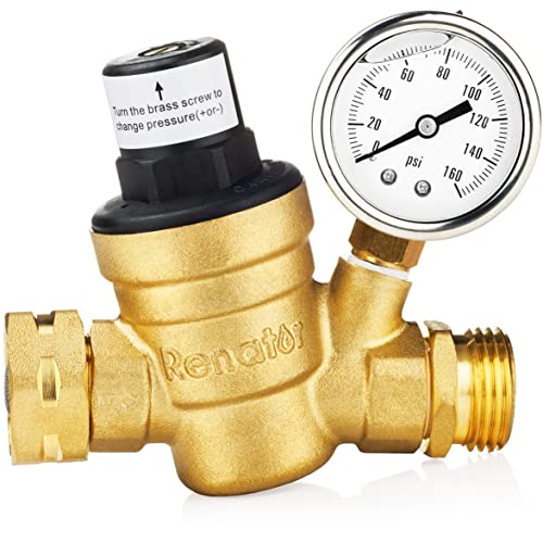 Book Cover Renator RV Water Pressure Regulator Valve. Brass Lead-free Adjustable Water Pressure Reducer with Gauge for RV Camper, and Inlet Screened Filter. M11-0660R.