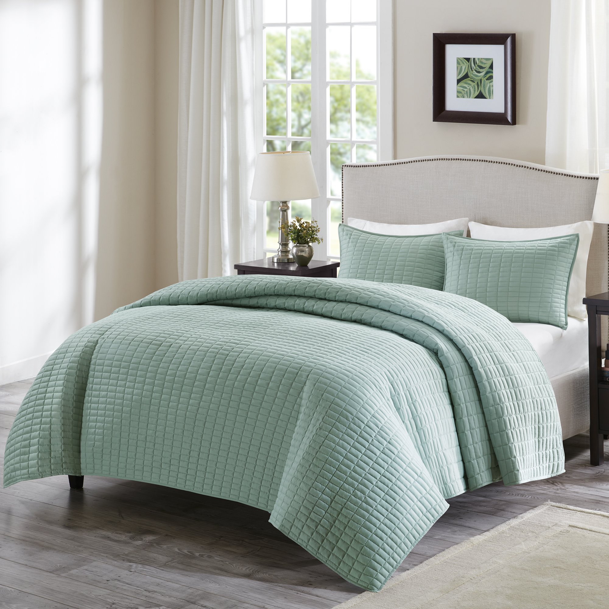 Book Cover Comfort Spaces Kienna Quilt Set-Luxury Double Sided Stitching Design Summer Blanket, Lightweight, Soft, All Season Bedding Layer, Matching Sham, Seafoam, Coverlet Full/Queen(90