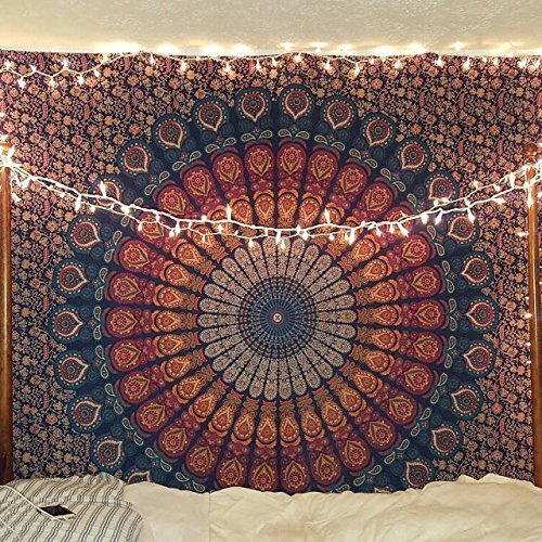 Book Cover Indian hippie Bohemian Psychedelic Peacock Mandala Wall hanging Bedding Tapestry (Golden Blue, Twin(54x72Inches)(140x185cms))