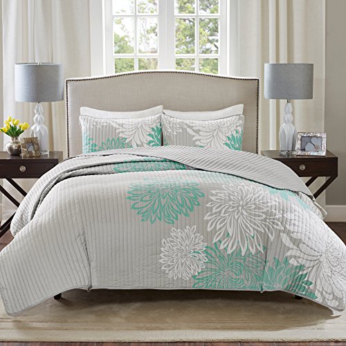 Comfort Spaces Enya Quilt Set - Casual Floral Print Channel Stitching Design, All Season, Lightweight Coverlet, Cozy Bedding, Matching Shams, Decorative Pillows, Aqua Full/Queen(90"x90") 3 Piece
