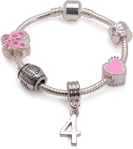 Book Cover Liberty Charms Childrens Pink Happy 4th Birthday Silver Plated Charm Bead Bracelet. with Gift Box