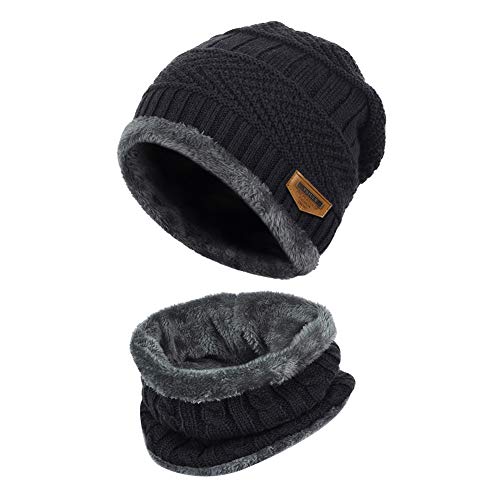 Book Cover VBIGER 2-Pieces Winter Beanie Scarf Set Warm Hat Thick Knit Skull Cap for Men Women Black