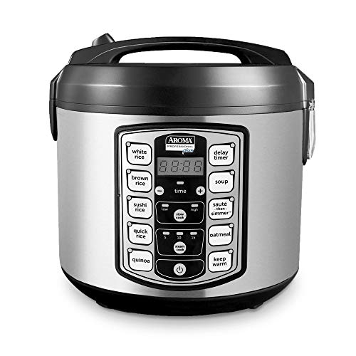 Book Cover Aroma Housewares ARC-5000SB Digital Rice, Food Steamer, Slow, Grain Cooker, Stainless Exterior/Nonstick Pot, 10-cup uncooked/20-cup cooked/4QT, Silver, Black