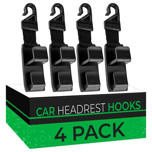 lebogner 4 Pack Car Seat Headrest Hooks by Strong and Durable Backseat Hanger Storage for Handbags, Purses, Coats, Grocery Bags, Universal Vehicle Back Bottle Holder