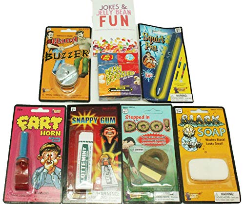 Book Cover Practical Joke Gifts 7 Pc Stocking Stuffers for Kids - Jelly Belly Bean Boozled, Fart Horn, and More